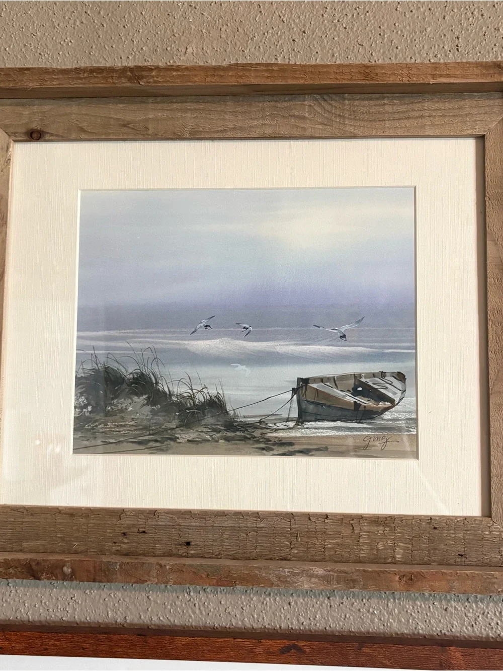 Coastal Boat Artwork Pair in Rustic Wood Frames - Blue, Tan, Cream